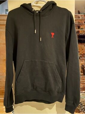 Ami paris Black Hoodie Sweatshirt with Red Heart Accent